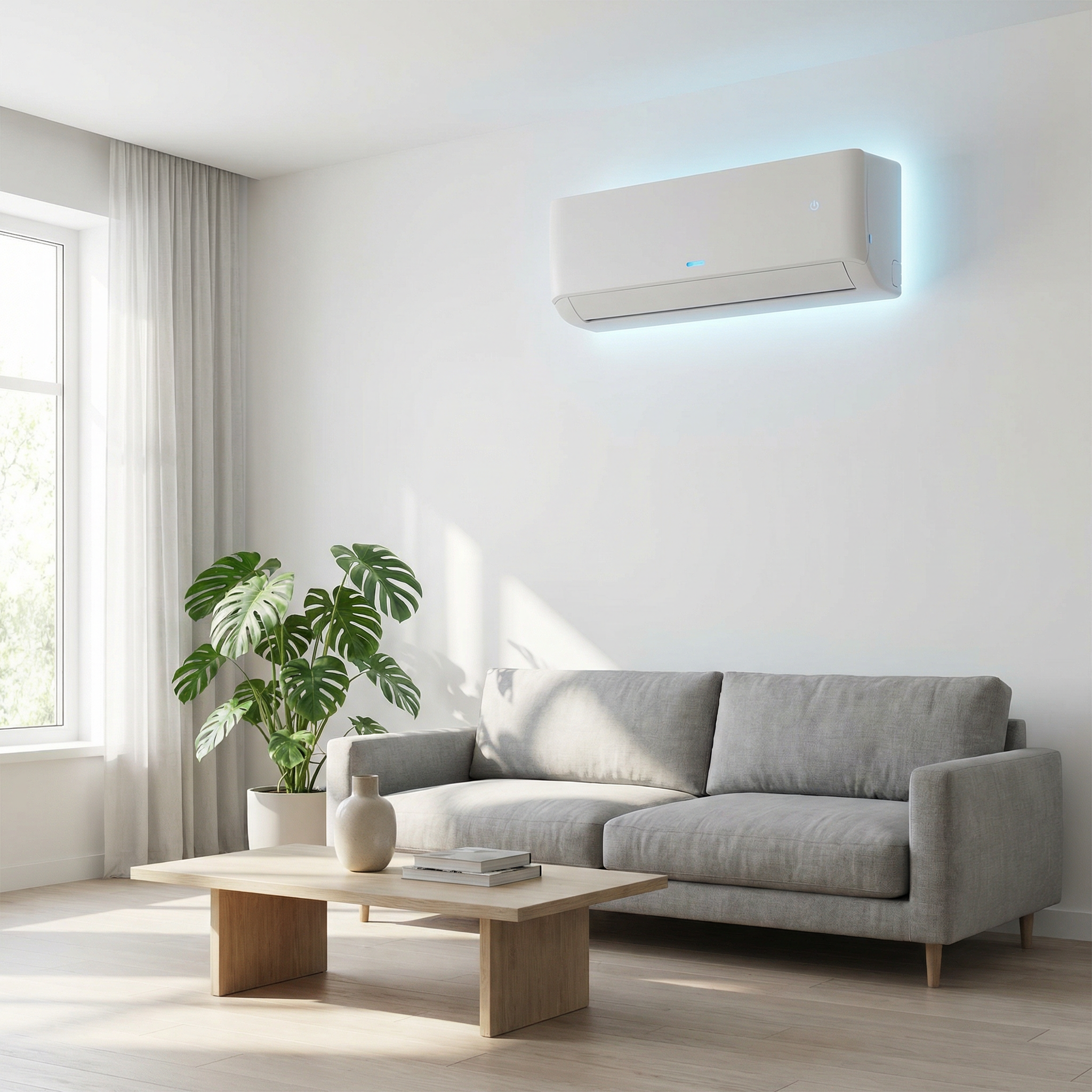 Modern energy-efficient split system air conditioner in contemporary living room
