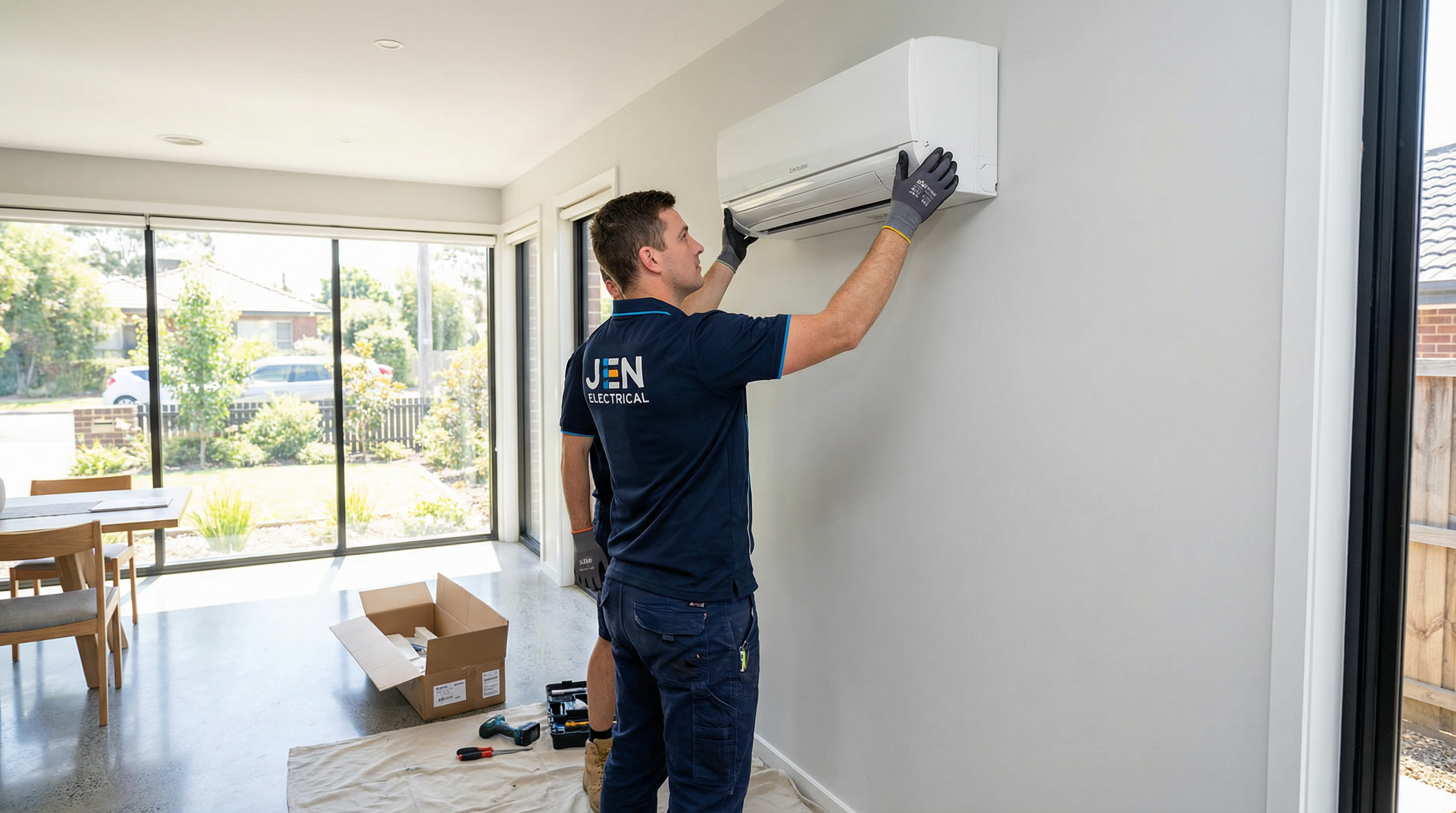 Professional technician installing split system air conditioner